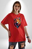 Renkli Yağlı Boya Aslan Pamuklu Bisiklet Yaka Kadın Erkek Oversize Boyfriend Dijital Baskılı Kırmızı T-Shirt
