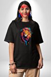 Renkli Yağlı Boya Aslan Pamuklu Bisiklet Yaka Kadın Erkek Oversize Boyfriend Dijital Baskılı Siyah T-shirt
