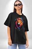 Renkli Yağlı Boya Aslan Pamuklu Bisiklet Yaka Kadın Erkek Oversize Boyfriend Dijital Baskılı Siyah T-shirt