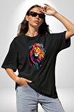 Renkli Yağlı Boya Aslan Pamuklu Bisiklet Yaka Kadın Erkek Oversize Boyfriend Dijital Baskılı Siyah T-shirt