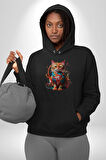 Renkli Yağlı Boya Kedi Kadın Erkek  Siyah Kapüşonlu Sweatshirt Hoodie