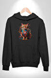 Renkli Yağlı Boya Kedi Kadın Erkek  Siyah Kapüşonlu Sweatshirt Hoodie