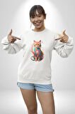 Renkli Yağlı Boya Kedi Kadın Erkek  Beyaz Baskılı Sweatshirt 