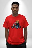 Kask Güneş Gözlüğü Motor Ayı Pamuklu Bisiklet Yaka Kadın Erkek Oversize Boyfriend Dijital Baskılı Kırmızı T-Shirt