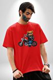 Kask Güneş Gözlüğü Motor Ayı Pamuklu Bisiklet Yaka Kadın Erkek Oversize Boyfriend Dijital Baskılı Kırmızı T-Shirt