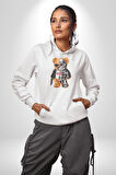 Robot Ayı Güneş Gözlüğü Kadın Erkek  Beyaz Kapüşonlu Sweatshirt Hoodie