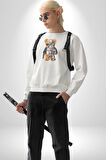 Robot Ayı Güneş Gözlüğü Kadın Erkek  Beyaz Baskılı Sweatshirt 