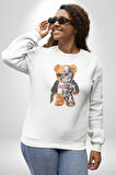 Robot Ayı Güneş Gözlüğü Kadın Erkek  Beyaz Baskılı Sweatshirt 
