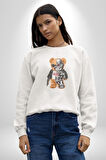 Robot Ayı Güneş Gözlüğü Kadın Erkek  Beyaz Baskılı Sweatshirt 