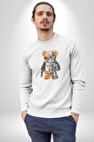 Robot Ayı Güneş Gözlüğü Kadın Erkek  Beyaz Baskılı Sweatshirt 