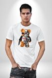Robot Ayı Güneş Gözlüğü Kadın Erkek Unisex Beyaz Organik Baskılı T-Shirt Penye Yüksek Kalite