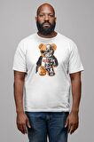 Robot Ayı Güneş Gözlüğü Kadın Erkek Unisex Beyaz Organik Baskılı T-Shirt Penye Yüksek Kalite