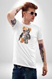 Robot Ayı Güneş Gözlüğü Kadın Erkek Unisex Beyaz Organik Baskılı T-Shirt Penye Yüksek Kalite