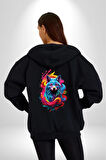 Renkli Kurt Kadın Erkek Siyah Renk Kapüşonlu Kanguru Cepli  Fermuarlı Pamuklu Oversize Dijital Baskılı Hırka Sweatshirt