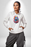 Renkli Kurt Kadın Erkek  Beyaz Kapüşonlu Sweatshirt Hoodie