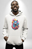 Renkli Kurt Kadın Erkek  Beyaz Kapüşonlu Sweatshirt Hoodie