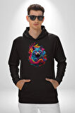 Renkli Kurt Kadın Erkek  Siyah Kapüşonlu Sweatshirt Hoodie
