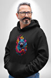 Renkli Kurt Kadın Erkek  Siyah Kapüşonlu Sweatshirt Hoodie