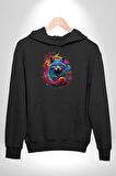 Renkli Kurt Kadın Erkek  Siyah Kapüşonlu Sweatshirt Hoodie
