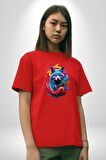 Renkli Kurt Pamuklu Bisiklet Yaka Kadın Erkek Oversize Boyfriend Dijital Baskılı Kırmızı T-Shirt