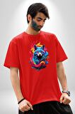 Renkli Kurt Pamuklu Bisiklet Yaka Kadın Erkek Oversize Boyfriend Dijital Baskılı Kırmızı T-Shirt