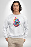 Renkli Kurt Kadın Erkek  Beyaz Baskılı Sweatshirt 