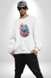 Renkli Kurt Kadın Erkek  Beyaz Baskılı Sweatshirt 
