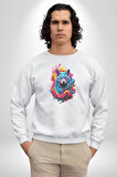 Renkli Kurt Kadın Erkek  Beyaz Baskılı Sweatshirt 