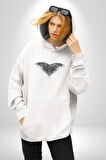 3 Gözlü Kuzgun Kadın Erkek  Beyaz Kapüşonlu Sweatshirt Hoodie