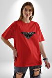 3 Gözlü Kuzgun Pamuklu Bisiklet Yaka Kadın Erkek Oversize Boyfriend Dijital Baskılı Kırmızı T-Shirt