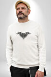 3 Gözlü Kuzgun Kadın Erkek  Beyaz Baskılı Sweatshirt 