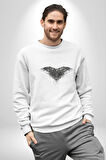 3 Gözlü Kuzgun Kadın Erkek  Beyaz Baskılı Sweatshirt 