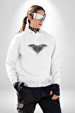 3 Gözlü Kuzgun Kadın Erkek  Beyaz Baskılı Sweatshirt 