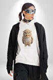 Baykuş Kadın Erkek  Beyaz Kapüşonlu Sweatshirt Hoodie