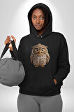 Baykuş Kadın Erkek  Siyah Kapüşonlu Sweatshirt Hoodie