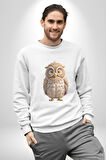 Baykuş Kadın Erkek  Beyaz Baskılı Sweatshirt 