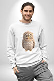 Baykuş Kadın Erkek  Beyaz Baskılı Sweatshirt 
