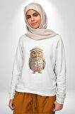 Baykuş Kadın Erkek  Beyaz Baskılı Sweatshirt 