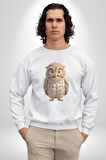 Baykuş Kadın Erkek  Beyaz Baskılı Sweatshirt 