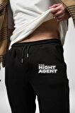 The Night Agent Pamuklu 3 İplik Siyah Eşofman Altı Erkek Oversize Kesim Dijital Baskılı