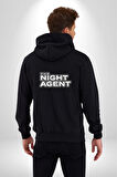 The Night Agent Kadın Erkek Siyah Renk Kapüşonlu Kanguru Cepli  Fermuarlı Pamuklu Oversize Dijital Baskılı Hırka Sweatshirt