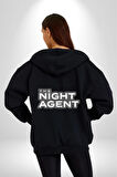 The Night Agent Kadın Erkek Siyah Renk Kapüşonlu Kanguru Cepli  Fermuarlı Pamuklu Oversize Dijital Baskılı Hırka Sweatshirt