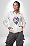 Maske Takan Kahraman Kafası Kadın Erkek  Beyaz Kapüşonlu Sweatshirt Hoodie