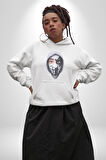 Maske Takan Kahraman Kafası Kadın Erkek  Beyaz Kapüşonlu Sweatshirt Hoodie