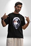 Maske Takan Kahraman Kafası Pamuklu Bisiklet Yaka Kadın Erkek Oversize Boyfriend Dijital Baskılı Siyah T-shirt