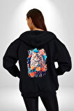 Çiçek Kedi Sulu Boya Kadın Erkek Siyah Renk Kapüşonlu Kanguru Cepli  Fermuarlı Pamuklu Oversize Dijital Baskılı Hırka Sweatshirt