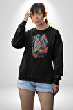 Çiçek Kedi Sulu Boya Kadın Erkek  Siyah Baskılı Sweatshirt 