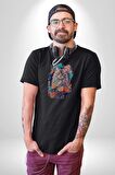 Çiçek Kedi Sulu Boya Kadın Erkek Unisex Siyah Organik Baskılı T-Shirt Penye Yüksek Kalite