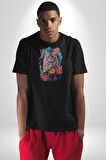 Çiçek Kedi Sulu Boya Kadın Erkek Unisex Siyah Organik Baskılı T-Shirt Penye Yüksek Kalite