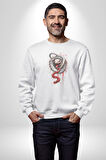 Beyaz Ve Kırmızı Yılan Kadın Erkek  Beyaz Baskılı Sweatshirt 